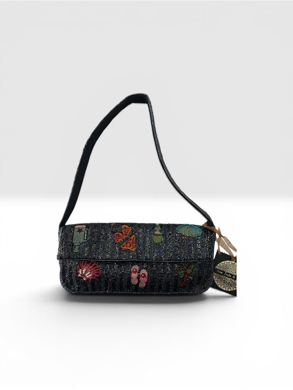 Embellished Navy Blue Beaded Shoulder Bag.